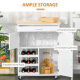 HOMCOM Rolling Kitchen Island Cart with Drawer & 9-Bottle Wine Rack – Rubberwood Worktop, White