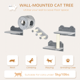 PawHut Four-Piece Wall-Mounted Cat Tree with Platforms, Steps, Perch & Cat House – Climbing Shelves, Grey