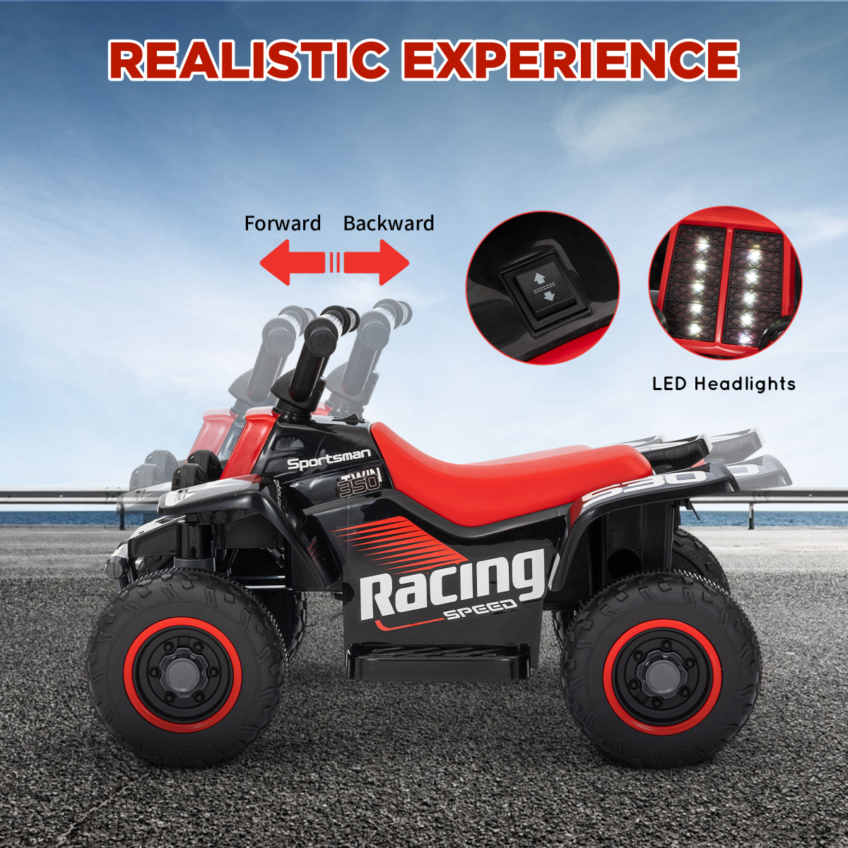 AIYAPLAY 6V Electric Quad Bike for Kids with Forward & Reverse, LED Headlights – Ride-On for Ages 18–36 Months, Black and Red
