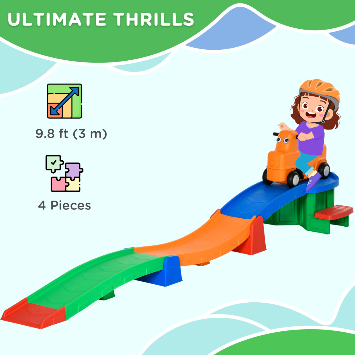 AIYAPLAY 3m Up and Down Kids Rollercoaster with Sliding Car and Non-Slip Steps – Ages 2-5, Multicoloured