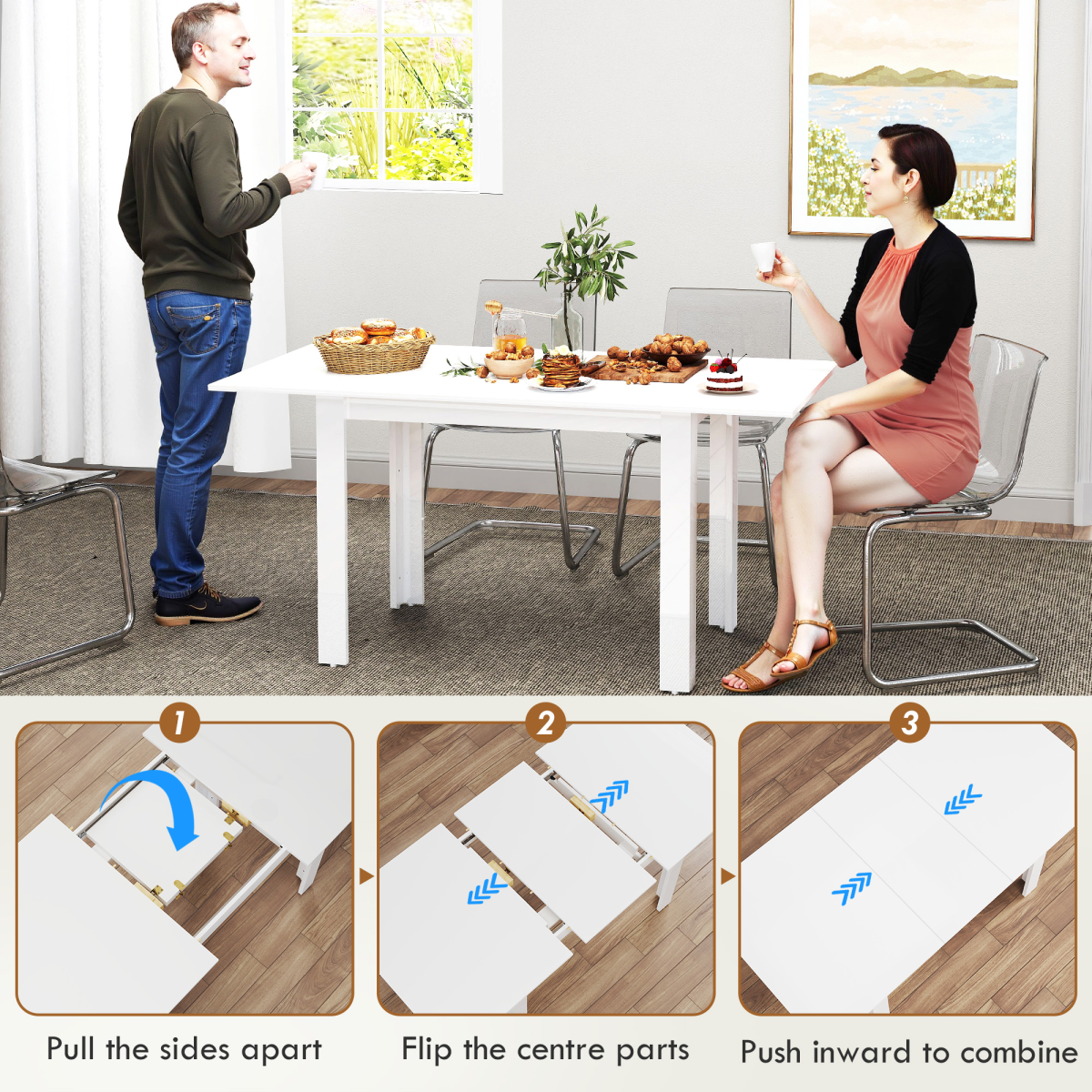 HOMCOM Extendable High Gloss Dining Table for 4–6 with Flip Centre Leaf – Extends 120–160cm, White
