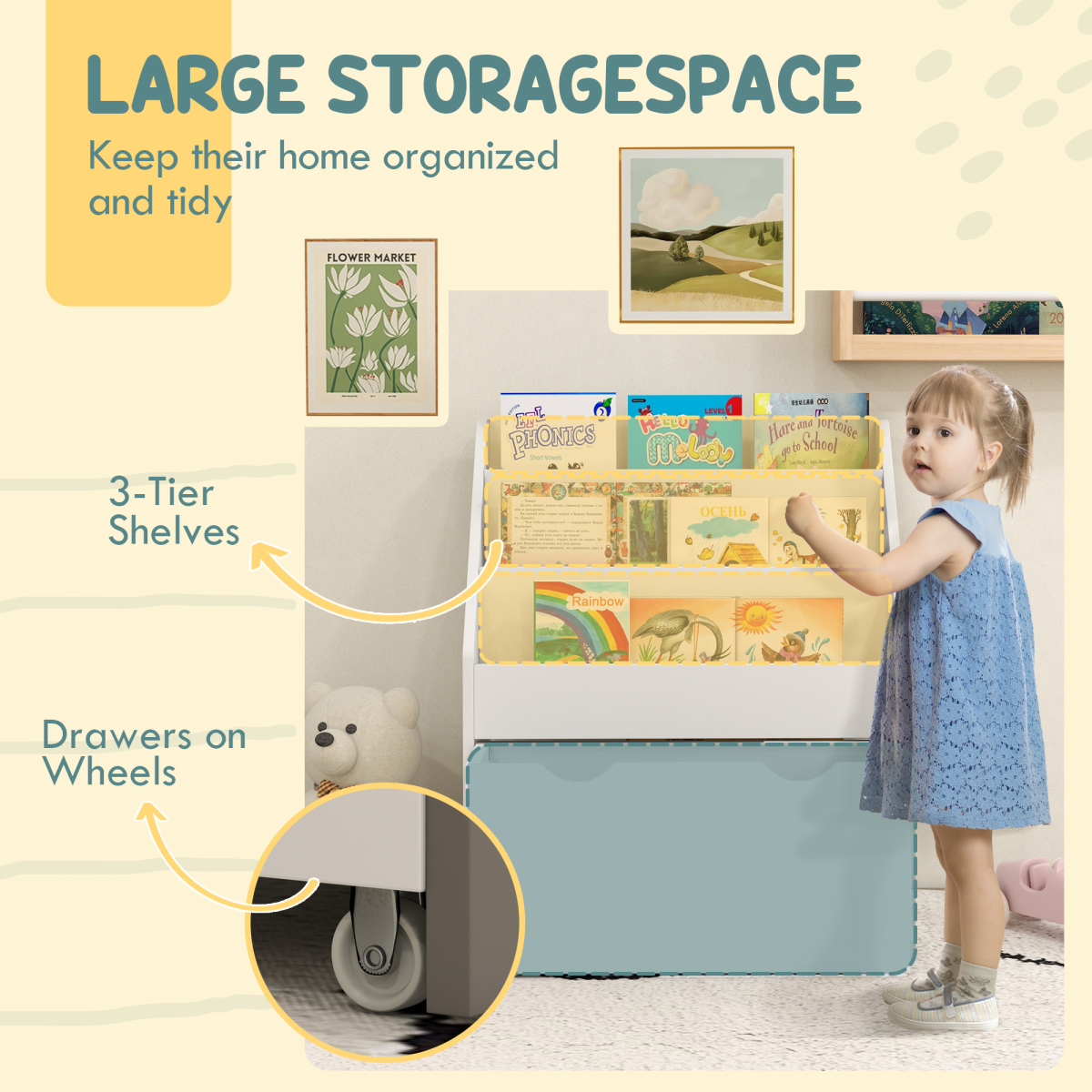 AIYAPLAY Kids Bookcase with 3 Tier Shelves & Wheeled Drawer – Toy Storage for Bedroom & Nursery, White