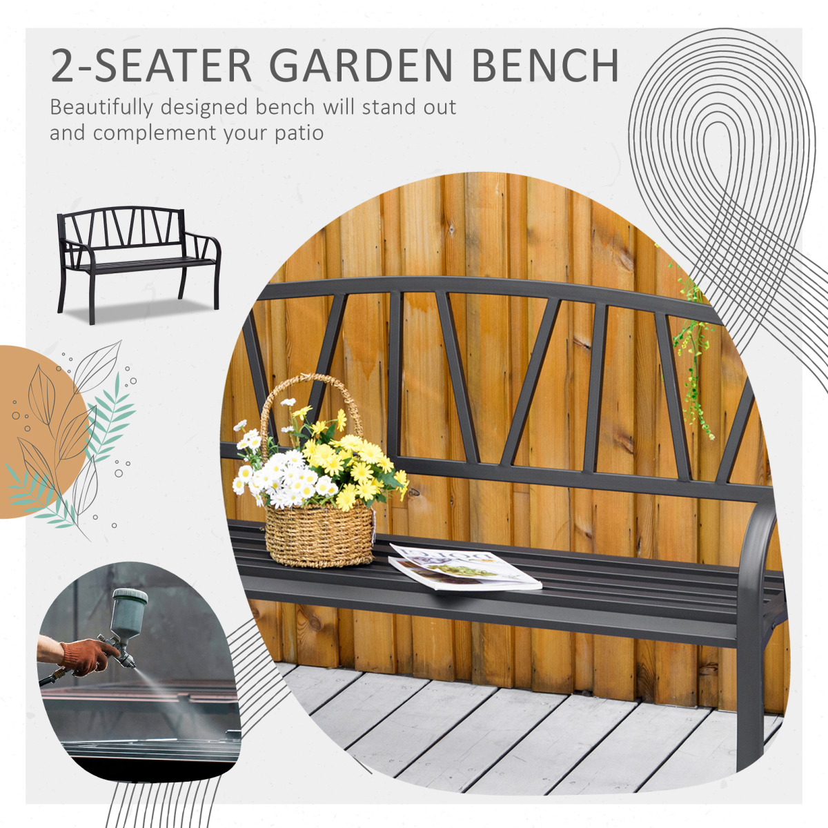 Outsunny 2-Seater Metal Garden Bench with Slatted Seat – Outdoor Loveseat for Patio and Park