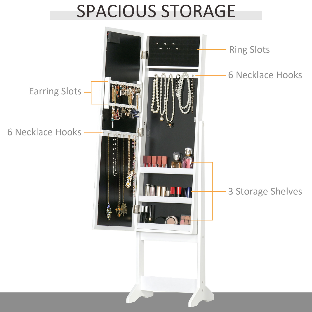 HOMCOM LED Mirrored Jewellery Cabinet with Full-Length Mirror, 36 x 30 x 136 cm – Storage, White