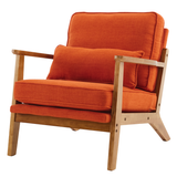 Mid-Century Modern Oak Frame Accent Chair with Linen-Cotton Upholstery – Retro Lounge Armchair, Burnt Orange