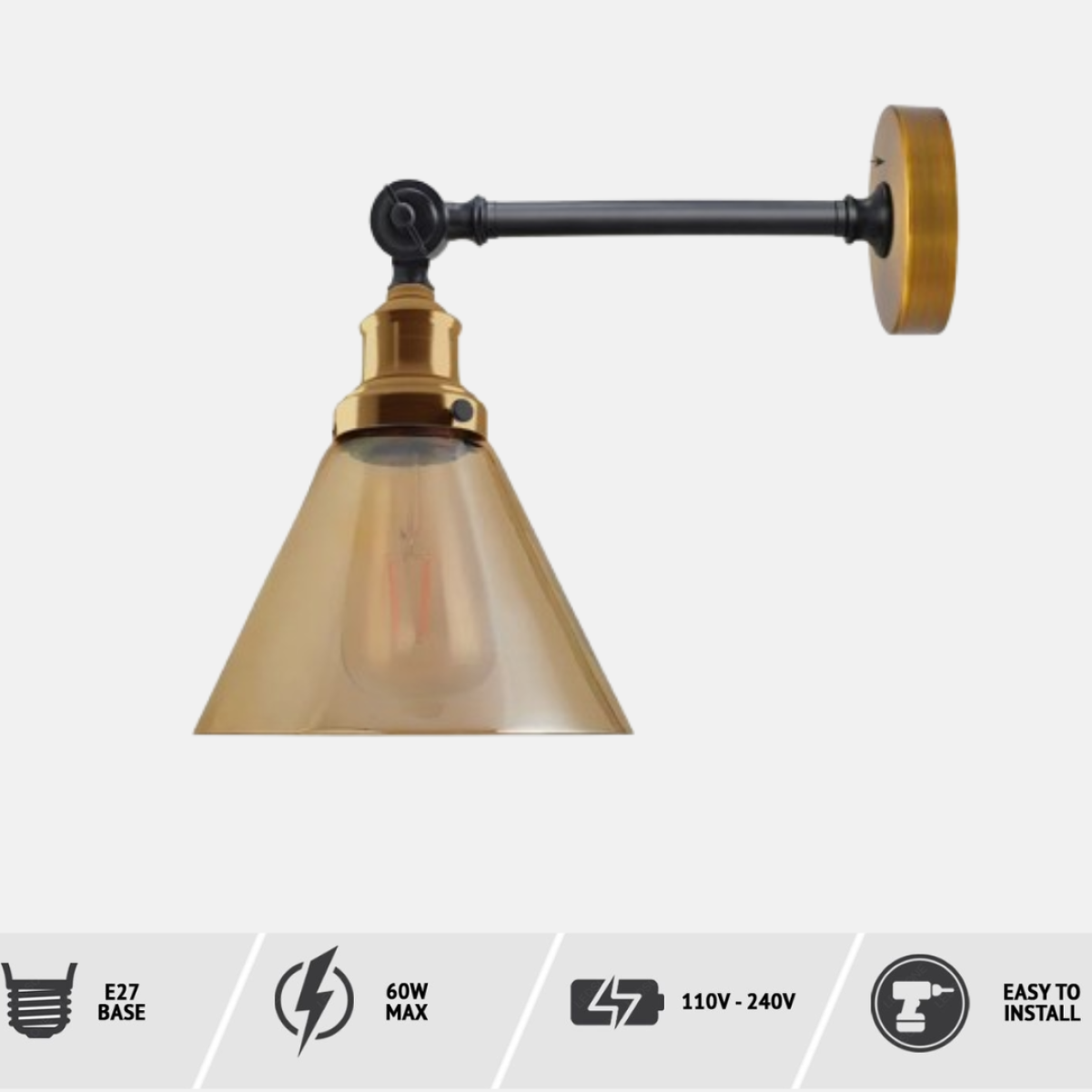 LEDSone Vintage Industrial Amber Glass Wall Light with Copper-Plated Base – Adjustable Bedside Wall Lamp, E27