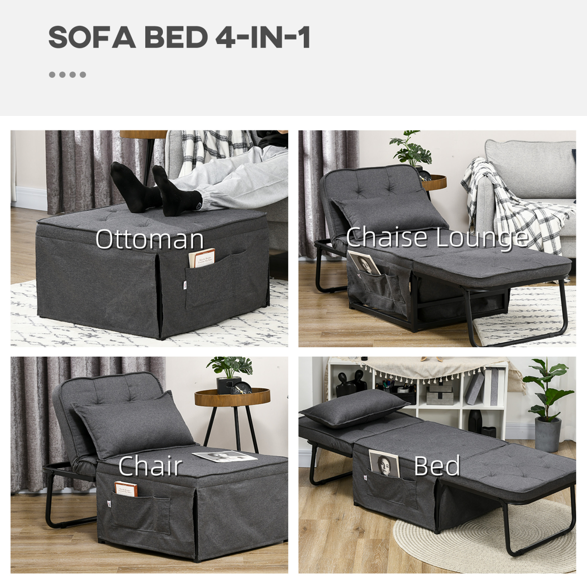 HOMCOM 4-in-1 Folding Sleeper Chair Bed with Pillow & Side Pockets – Space-Saving Spare Bed, Charcoal