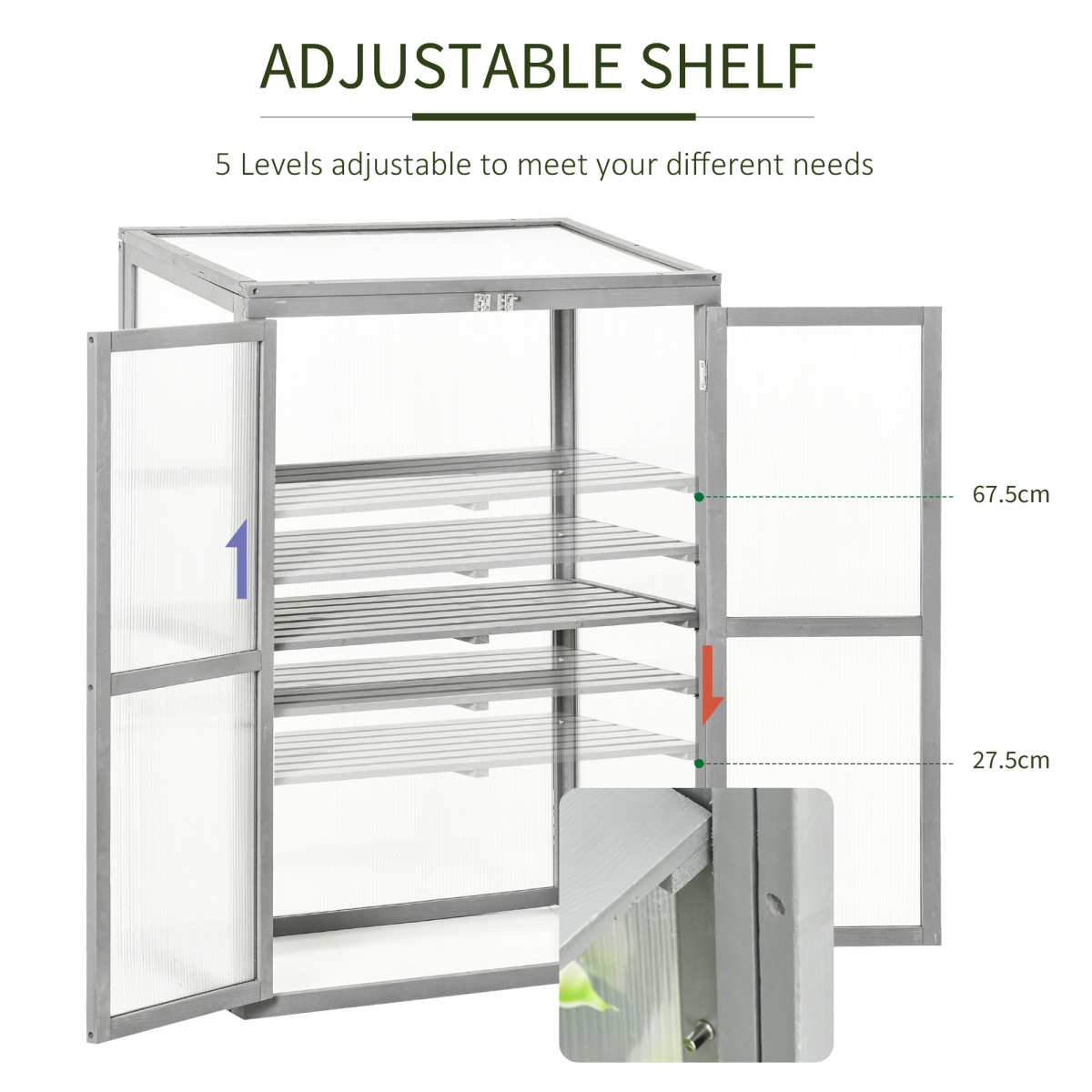 Outsunny Wooden Cold Frame Greenhouse with Polycarbonate Panels, Double Doors and Adjustable Shelf, Grey