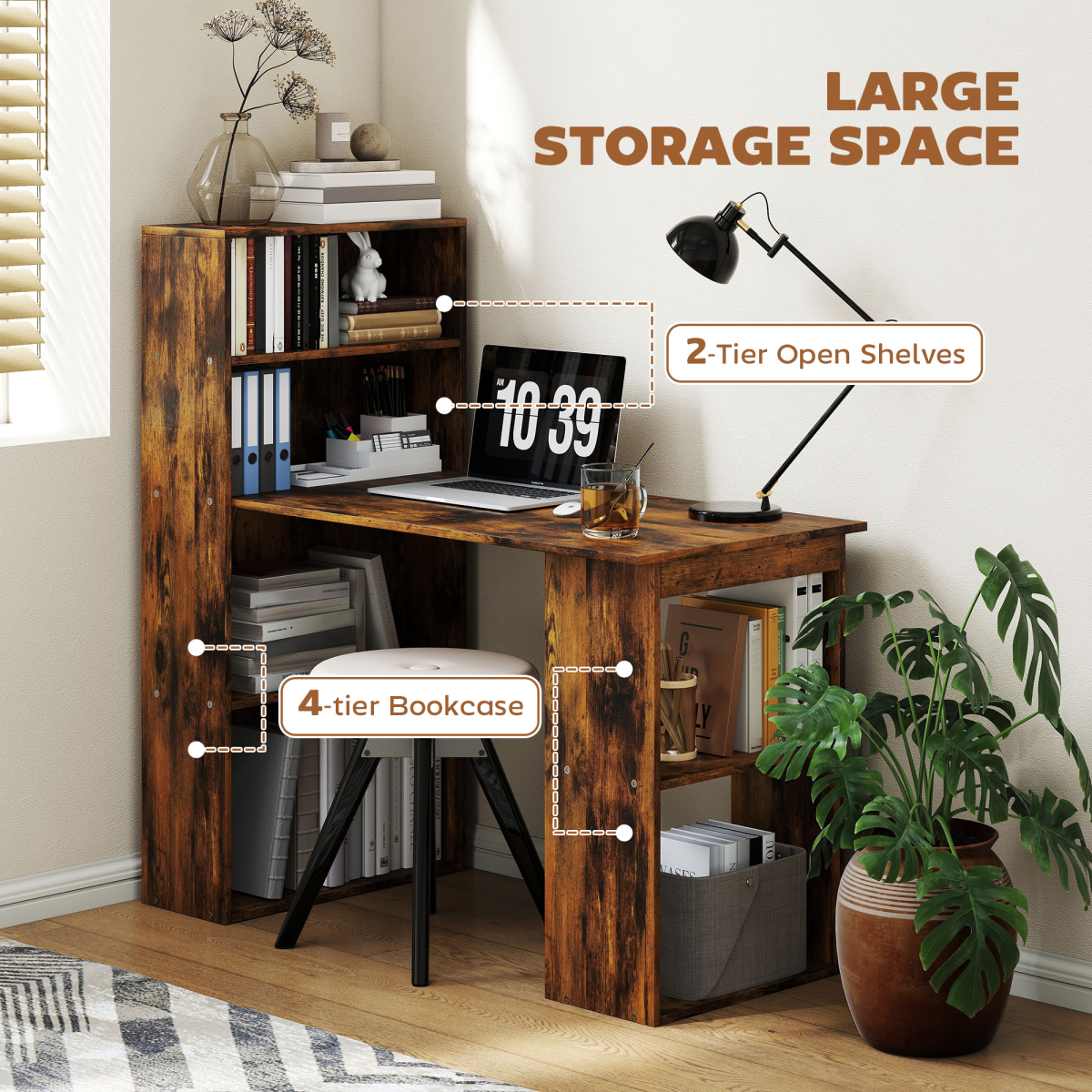 Computer Desk with 6 Storage Shelves & Large Work Surface – 120cm Home Office Writing Table, Rustic Brown