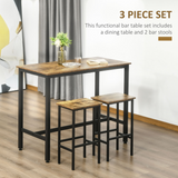 HOMCOM Industrial 3-Piece Counter Height Bar Table Set with Two Stools – Metal Frame, Rustic Brown