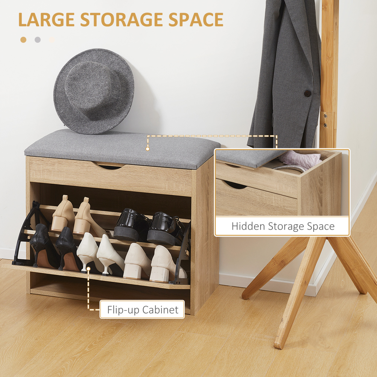 HOMCOM Entryway Shoe Bench with Cushion & Storage Cabinet – Hallway Seat, Natural