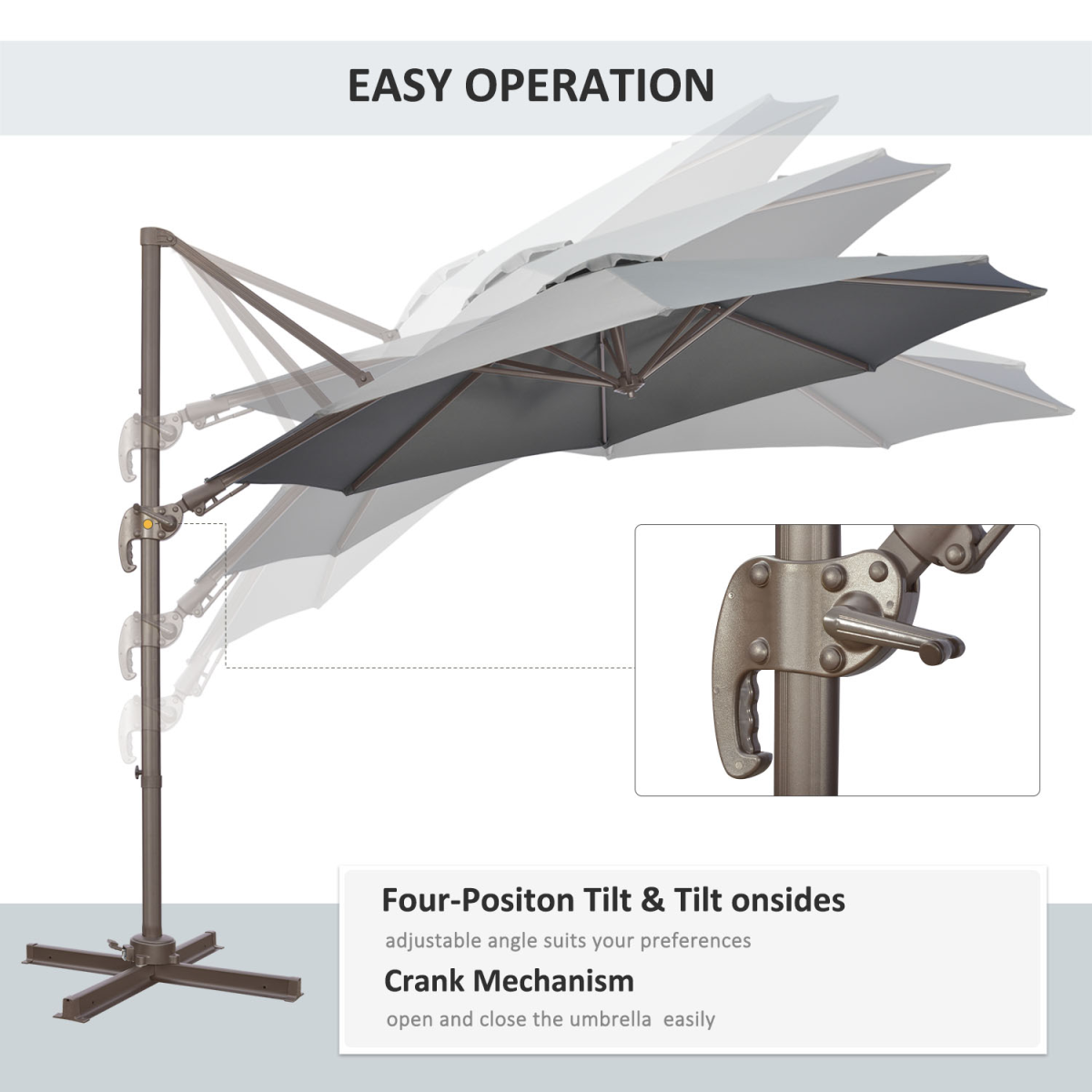 Outsunny 3m Cantilever Parasol with 360° Rotation, 4-Position Tilt & Foot Pedal – Roma Garden Umbrella, Grey