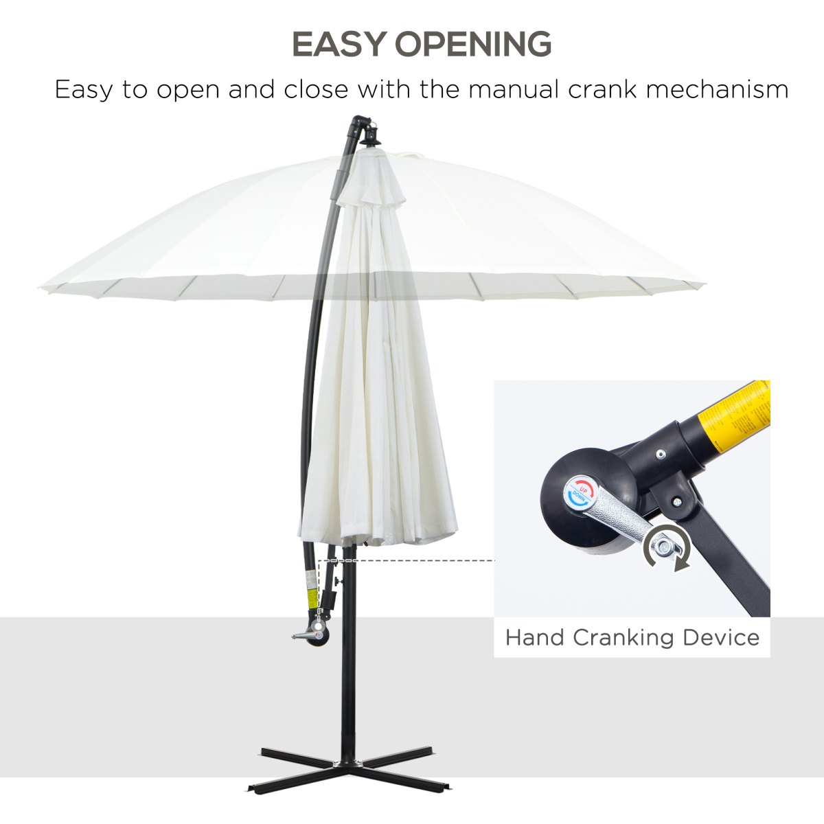 Outsunny 3m Offset Cantilever Parasol with Hand Crank, 18 Fibreglass Ribs & Cross Base – Garden Shade, Off-White
