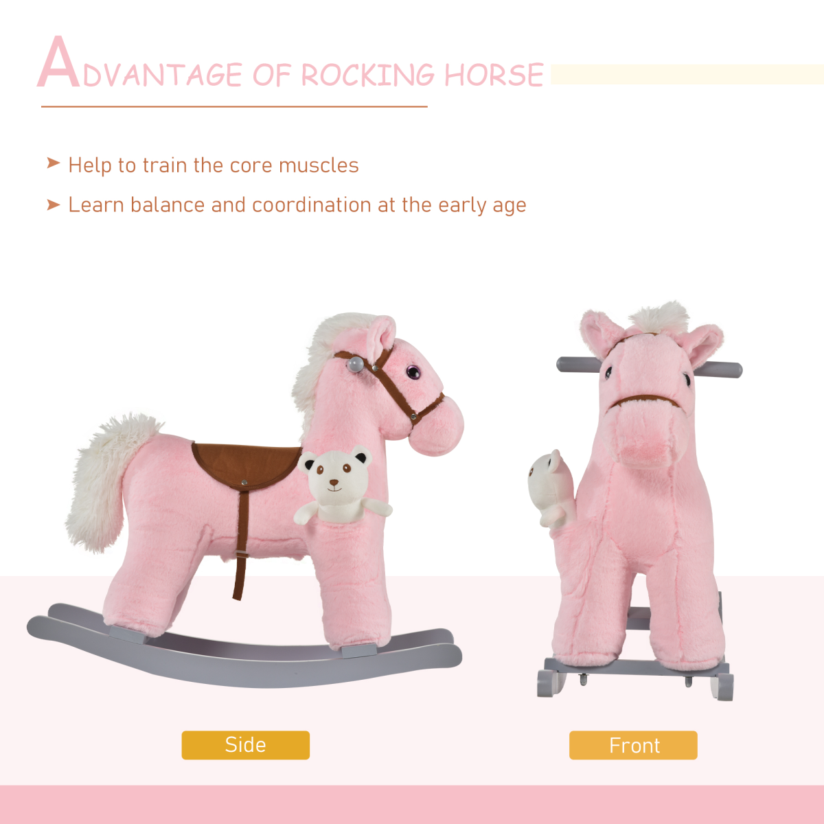 Kids Plush Rocking Horse with Padded Seat & Animal Sounds – Ride-On Toy for Toddlers 3+ Years, Pink