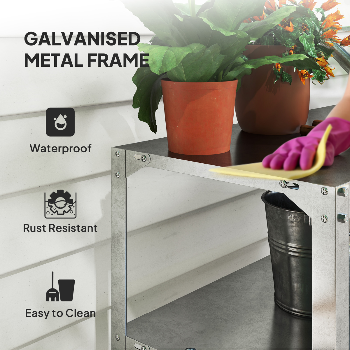 Outsunny 2-Tier Galvanised Steel Potting Bench Table – Garden Work Bench with Storage Shelf, Silver Tone