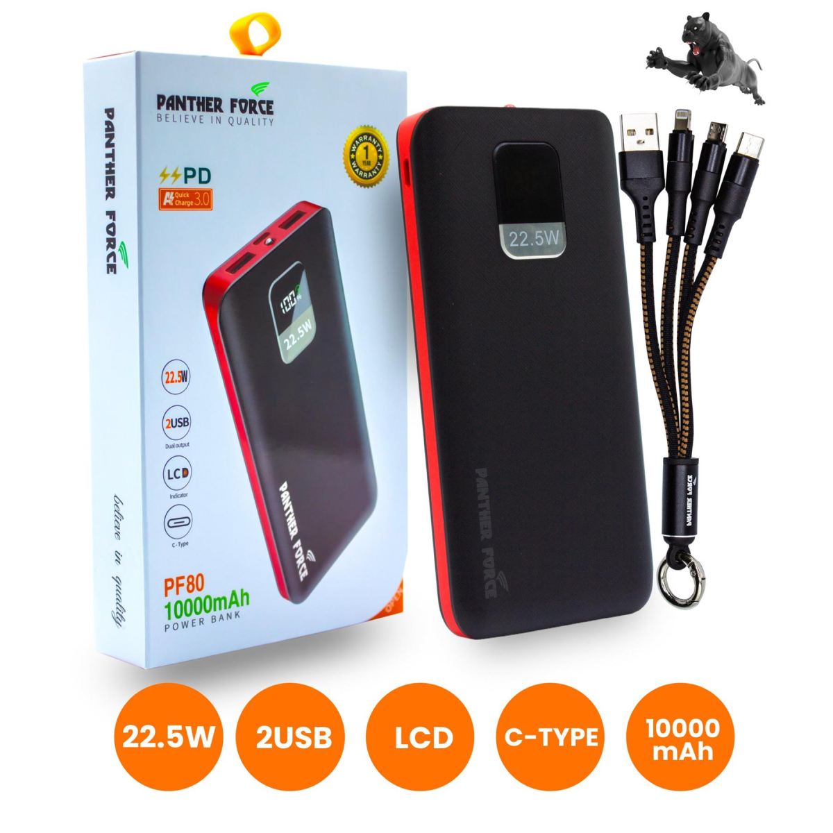 Panther Force 10000mAh Power Bank with PD3.0 22.5W Fast Charging, 2 USB Outputs & LCD Display
