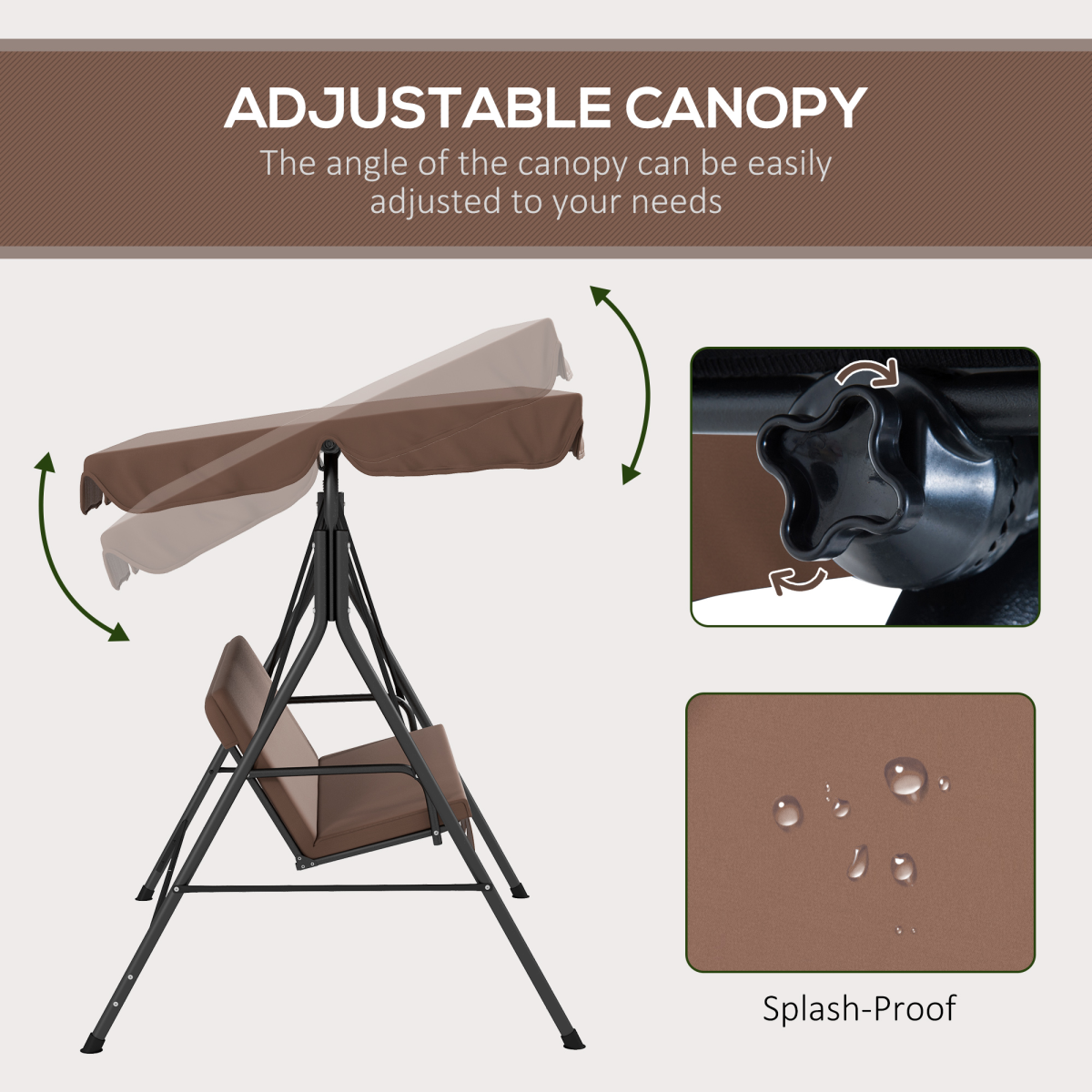 Outsunny 3-Person Outdoor Porch Swing Chair with Cushioned Seat and Adjustable Canopy – Garden Swing, Brown