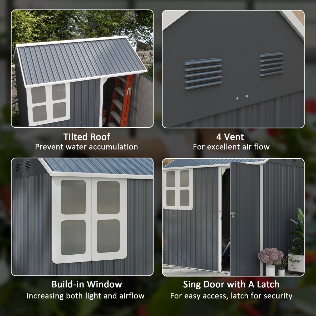 Outsunny 7 x 6ft Galvanised Steel Garden Shed with Window & 4 Vents – Outdoor Tool & Bike Storage, Dark Grey