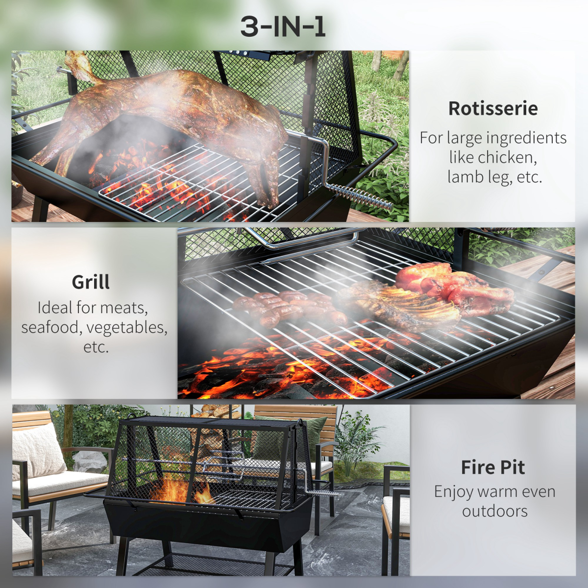 Outsunny 3-in-1 BBQ Rotisserie Grill and Fire Pit with Adjustable Rack and Mesh Lid – Outdoor Cooking, Black