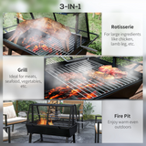 Outsunny 3-in-1 BBQ Rotisserie Grill and Fire Pit with Adjustable Rack and Mesh Lid – Outdoor Cooking, Black