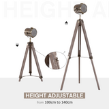 HOMCOM Industrial Tripod Searchlight Floor Lamp with Adjustable Height & Tilting Head – Wood & Bronze