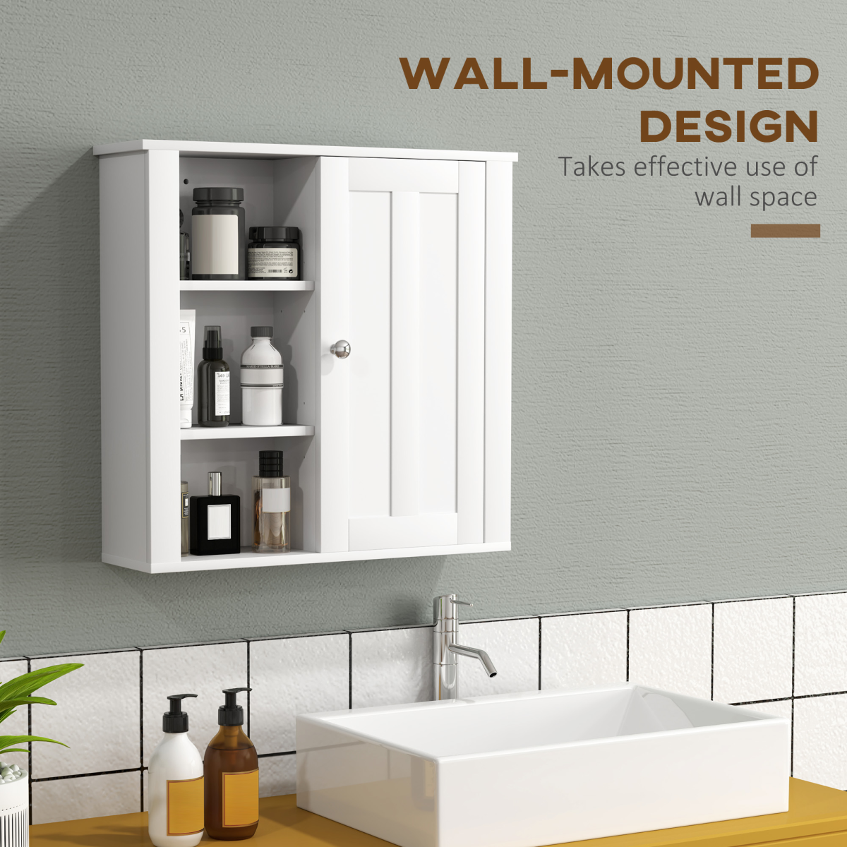 HOMCOM Modern Wall-Mounted Bathroom Cabinet with Adjustable Shelves and Open Side Storage – Space-Saving, White