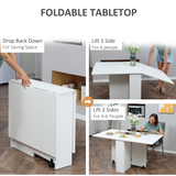 HOMCOM Mobile Drop Leaf Kitchen Table with Storage Shelves & Wheels – Space-Saving Dining Table, White