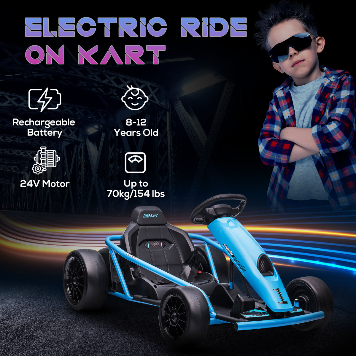 HOMCOM 24V Electric Go Kart for Kids with Music, Horn & Soft Start – Drifting Ride-On, Ages 8-12, Blue