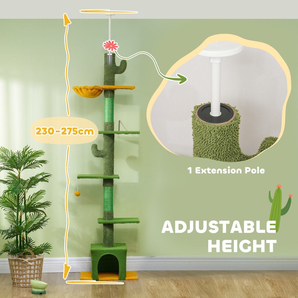PawHut 230-275cm Floor-to-Ceiling Cat Tree for Indoor Cats with Cat House, Hammock & Anti-Tip Kit – Green