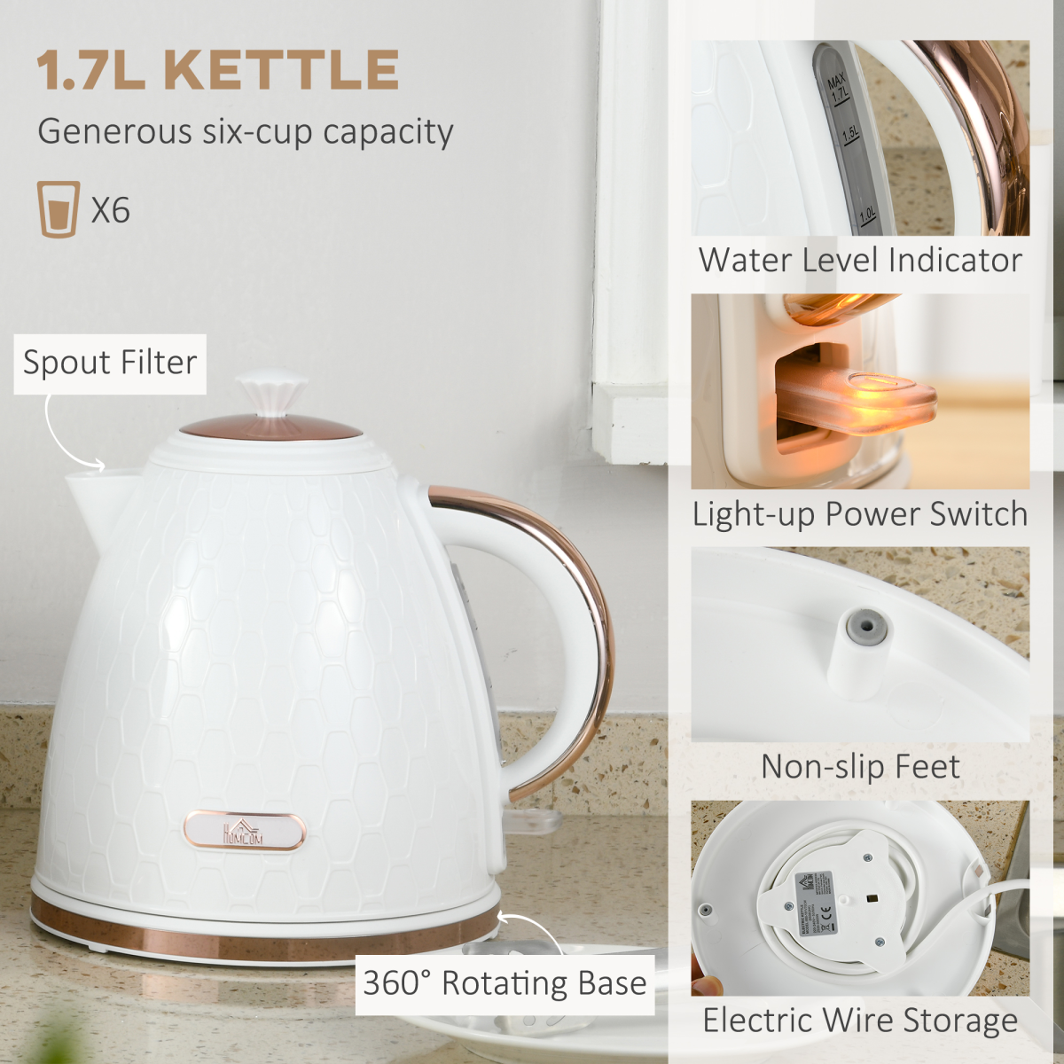 HOMCOM 1.7L Kettle & 4-Slice Toaster Set with Defrost & Reheat – Honeycomb Breakfast Set, White