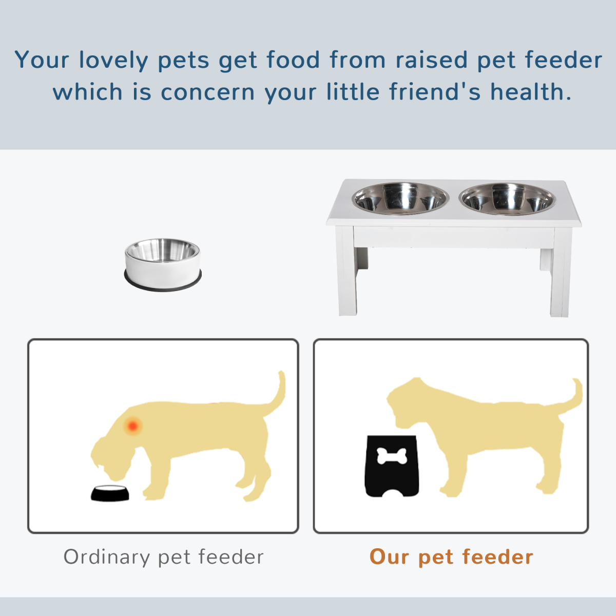 Raised Double Pet Feeder with 2 Stainless Steel Bowls & Non-Slip Stand – Elevated Dog Feeding Station, White