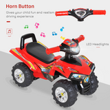 HOMCOM Kids Ride-On Quad Bike with LED Light, Horn and Music – Foot-Powered Toddler Ride-On, Red