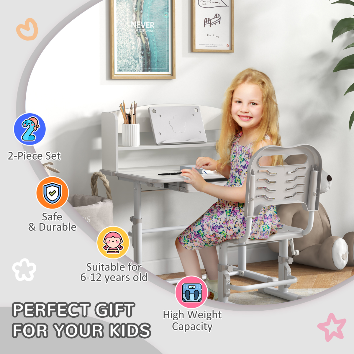 ZONEKIZ Height Adjustable Kids Desk and Chair Set with Drawer & Bookshelf – Tilting Study Desk, Grey
