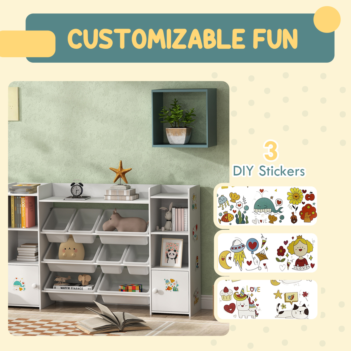 AIYAPLAY Kids Toy Storage Organiser with 8 Removable Bins, Bookcase & Cupboard – White