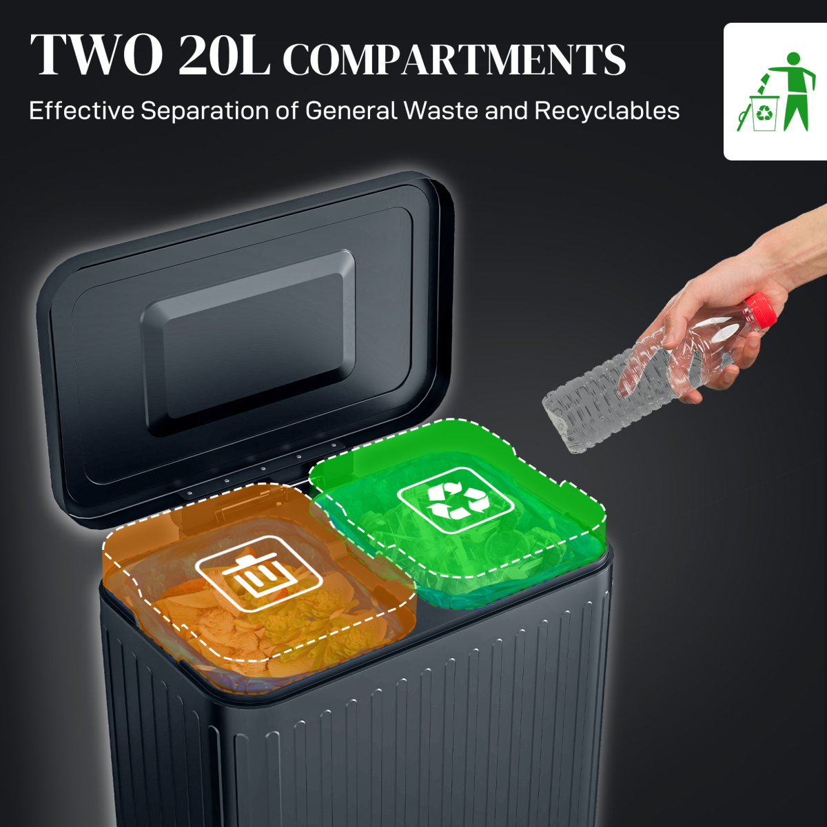 HOMCOM 2 x 20L Double Pedal Bin with Soft-Close Lid and Removable Inner Buckets – Kitchen Rubbish Bin, Black