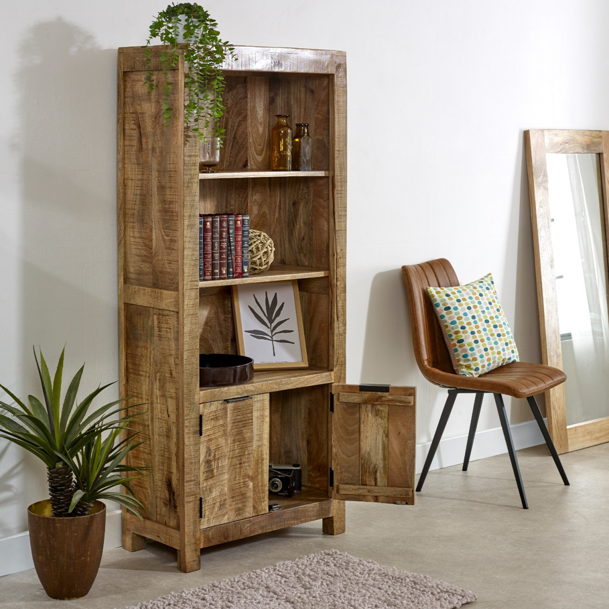 Surrey Solid Mango Wood Bookcase with 2 Doors & 3 Shelves – Living Room & Study Storage