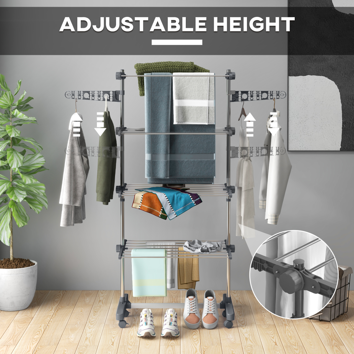HOMCOM 4-Tier Stainless Steel Clothes Airer with Adjustable Shelves – Foldable Indoor and Outdoor Drying, Grey