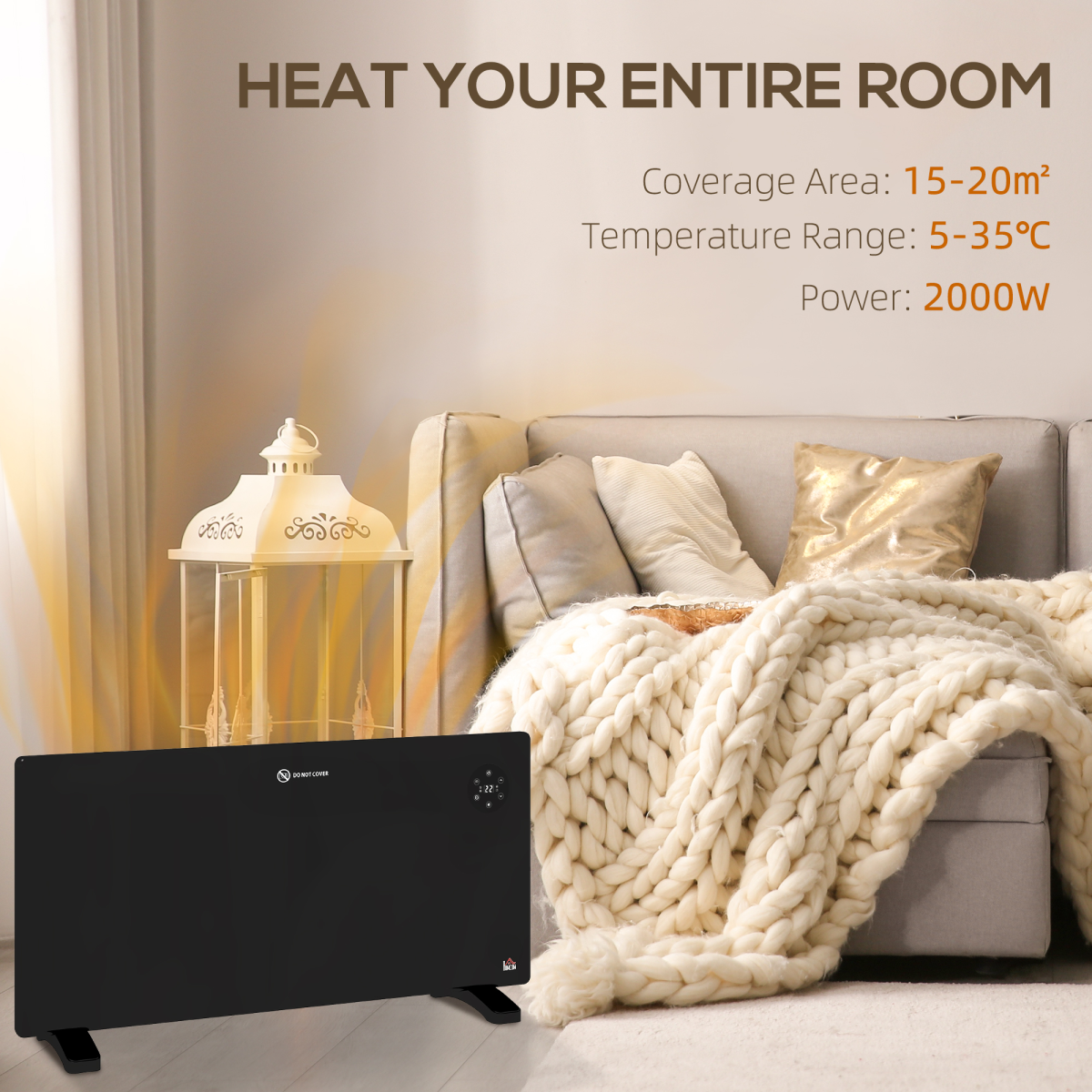 HOMCOM 2000W Electric Convector Heater with LED Display, Remote & Timer – Quiet Freestanding Heater, Black