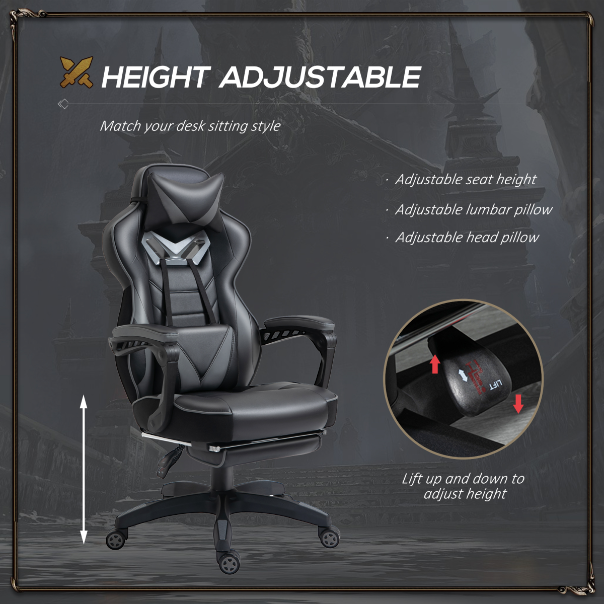 Vinsetto Reclining Racing Gaming Chair with Footrest & 170° Recline – Ergonomic Office Chair, Grey