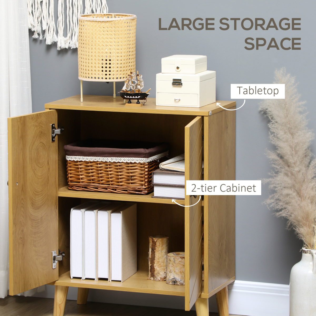 HOMCOM Chevron Door Sideboard Storage Cabinet with Inner Shelf – Living Room & Kitchen Storage, Natural