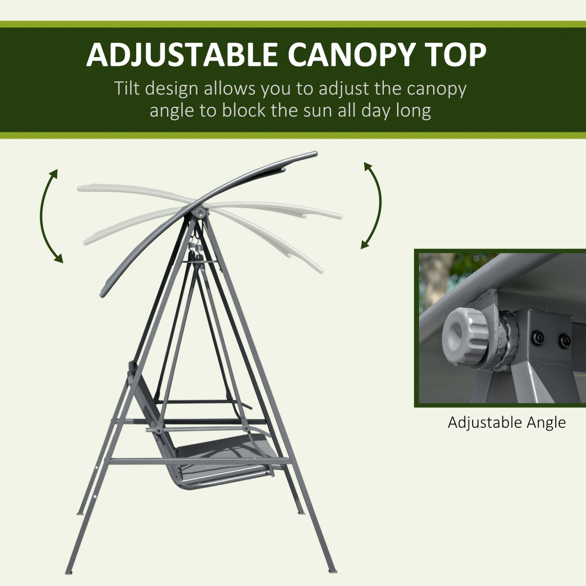 Outsunny 2-Seater Garden Swing Chair with Adjustable Tilting Canopy and Metal Frame – Patio Seat, Grey