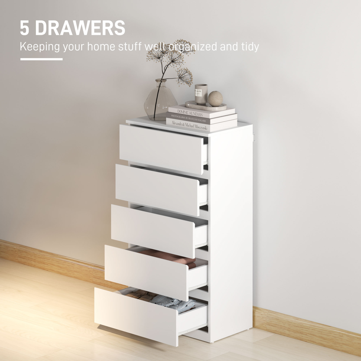 HOMCOM 5 Drawer Bedroom Chest of Drawers with Smooth Metal Runners – Tall Storage Unit, White