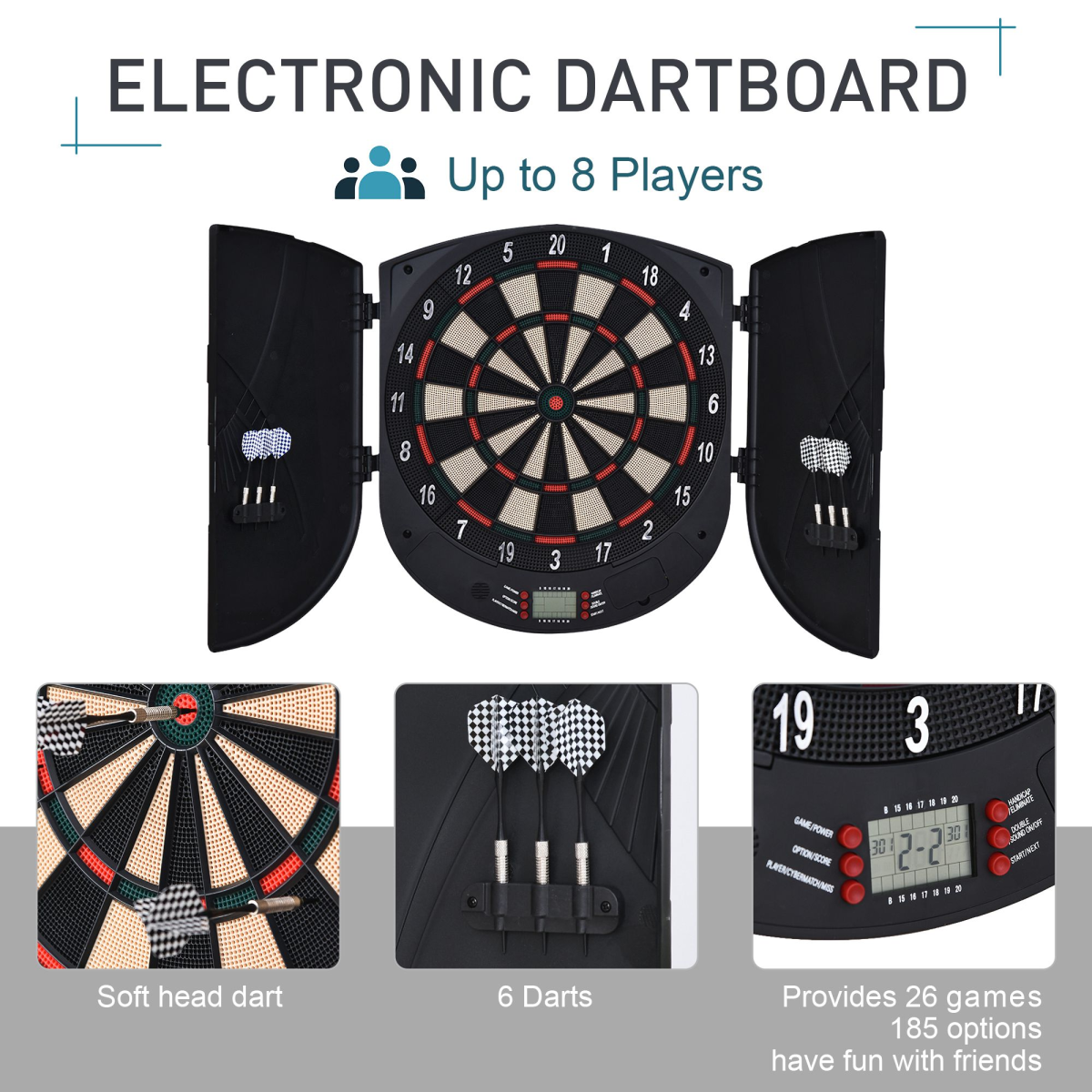 Electronic Dartboard Set with 26 Games, 185 Variations & 6 Darts – LCD Scoring, Up to 8 Players