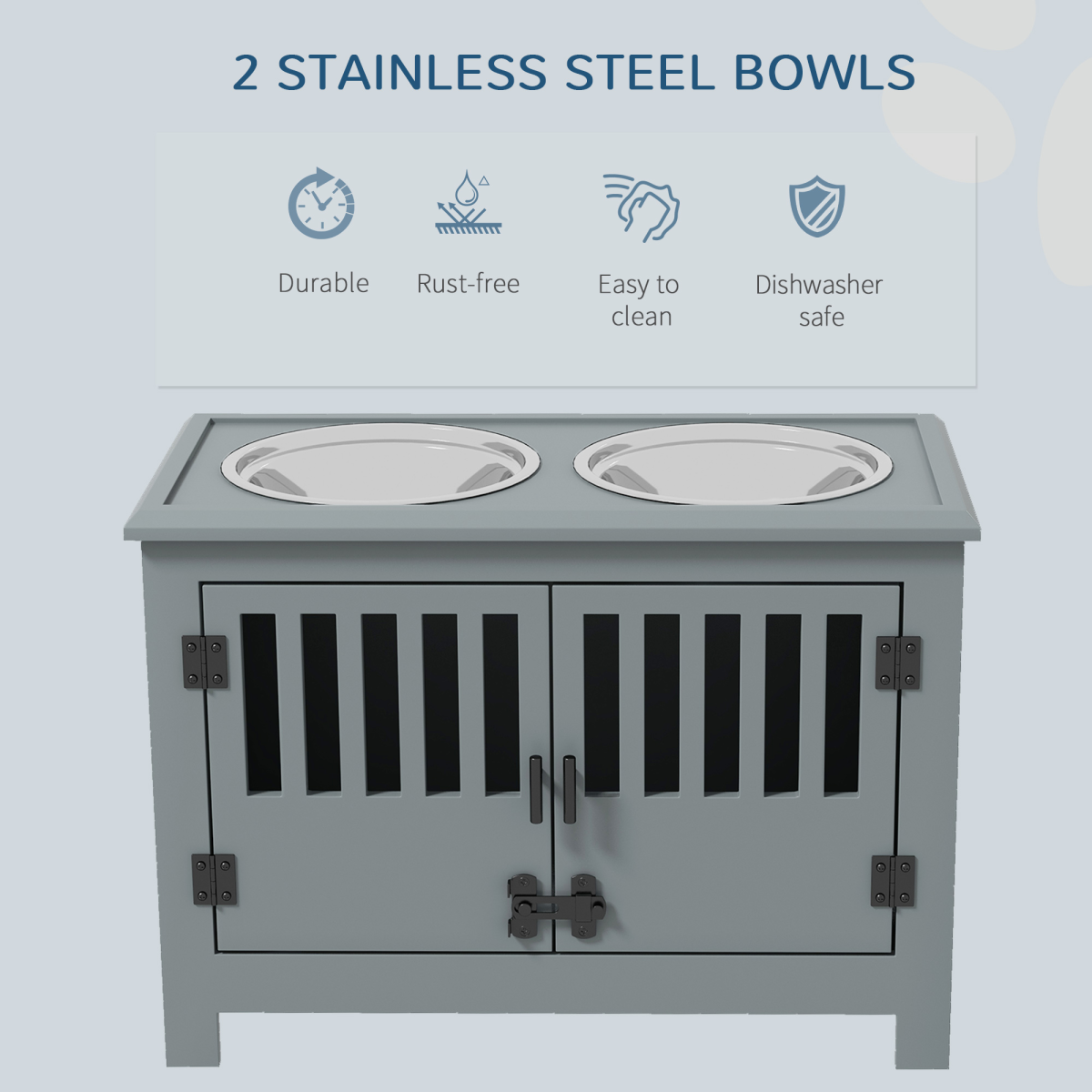 PawHut Raised Dog Bowls with Storage Stand, 2 x 2000ml Steel Bowls – Feeding Station for Large Dogs, Grey