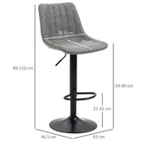Set of 2 Bar Stools with High Back Tub Seats, Footrest & Round Base – Microfibre Kitchen Stools, Grey