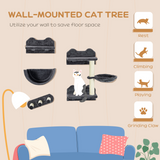 PawHut 4-Piece Wall-Mounted Cat Tree Set with Hammock, Nest and Scratching Post – Cat Wall Shelves, Dark Grey