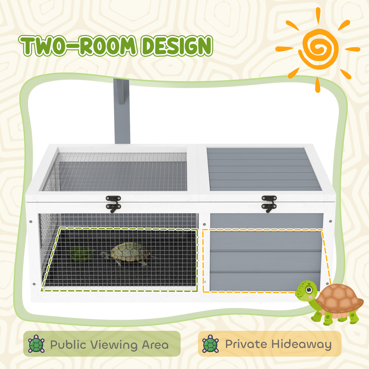 PawHut Tortoise Enclosure with Run, Lamp Holder, Pull-Out Trays & Hideaway – Wooden House, White and Light Grey