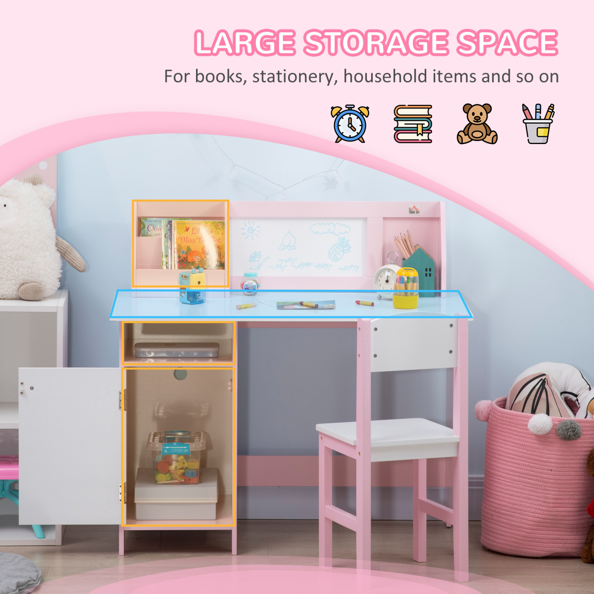 HOMCOM 2-Piece Kids Table and Chair Set with Whiteboard Desktop and Storage – Pink