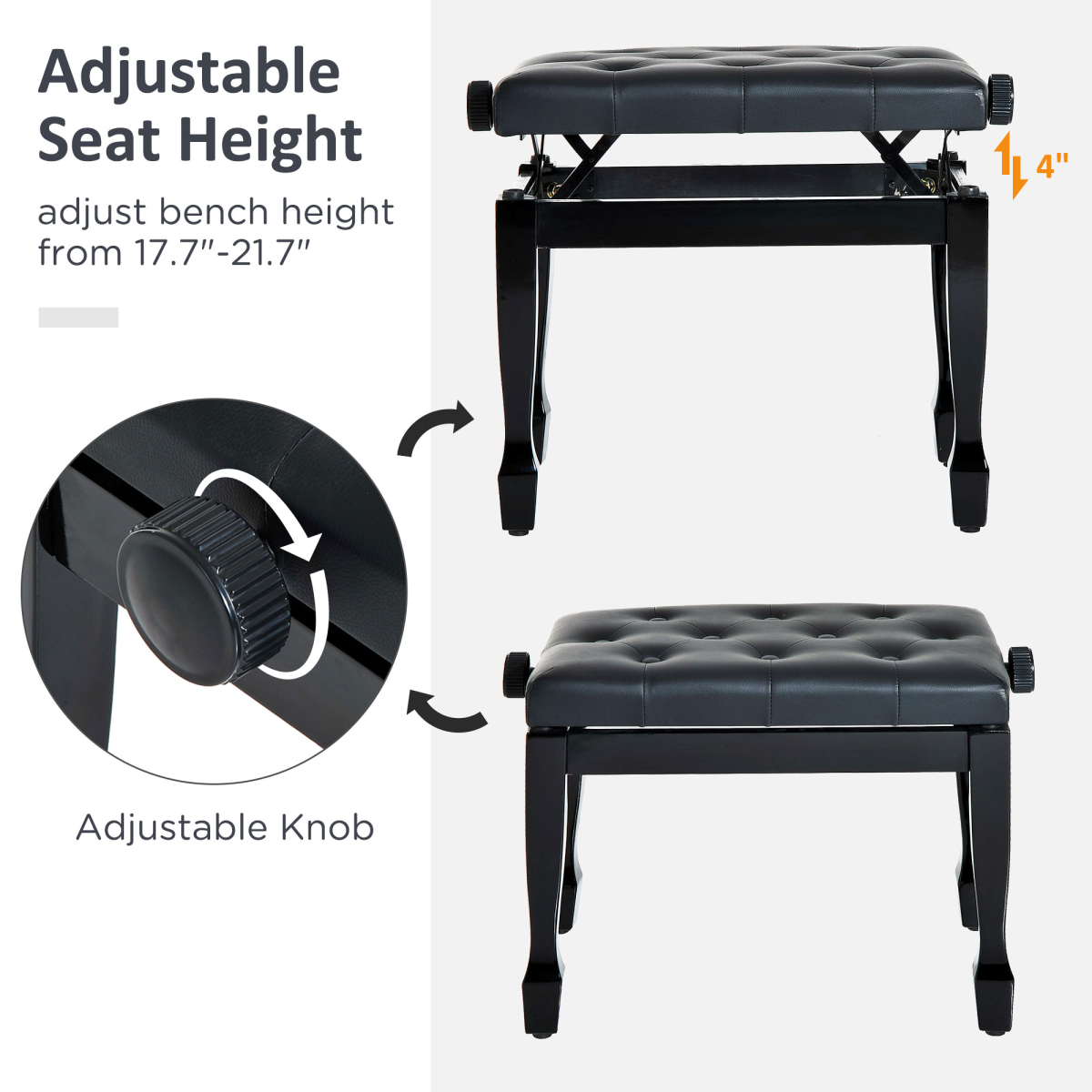 HOMCOM Adjustable Piano Bench with Padded Faux Leather Seat & Wooden Legs – Keyboard Stool, 45–55cm Height