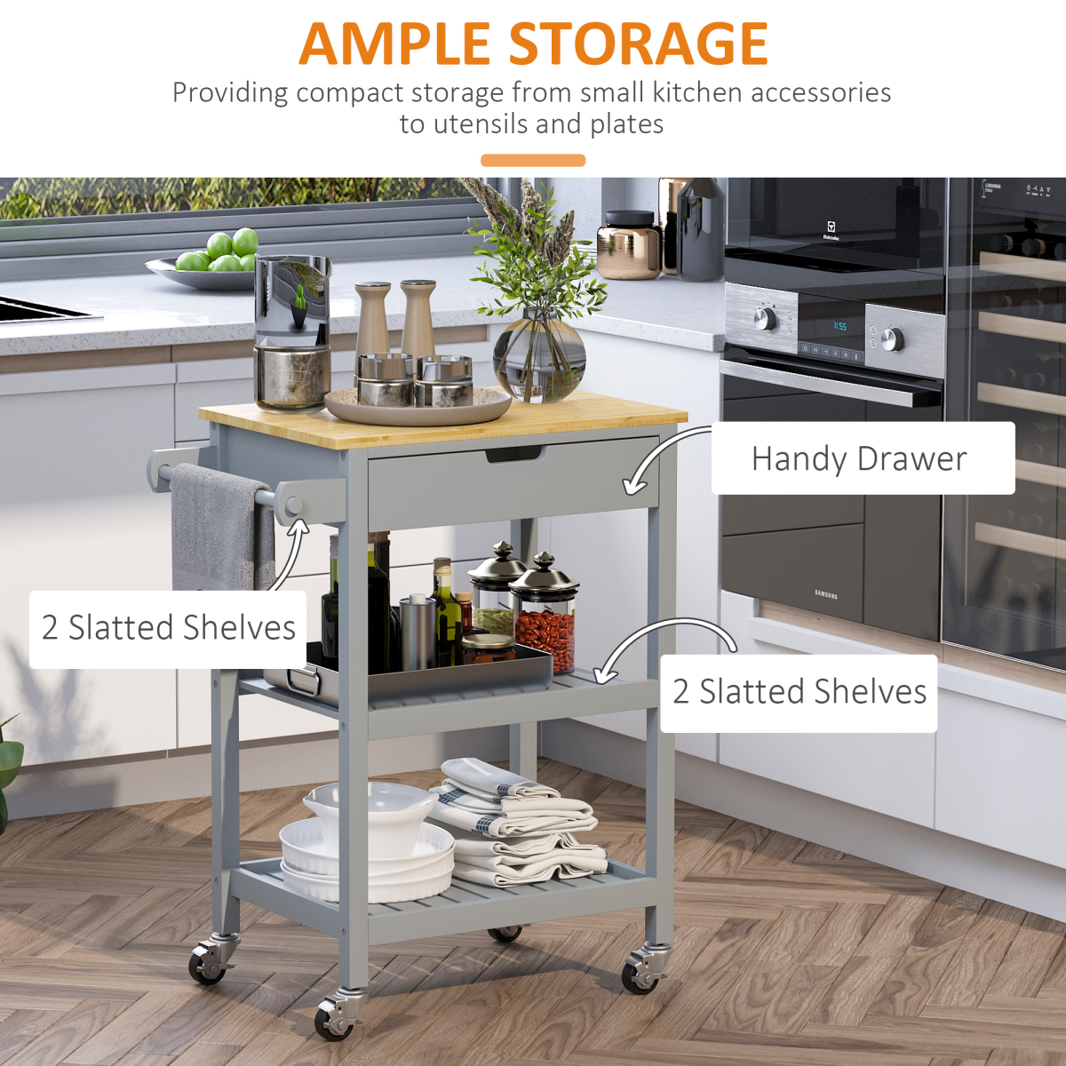 HOMCOM Kitchen Trolley Utility Cart with Solid Rubberwood Worktop, Drawer & Towel Rack